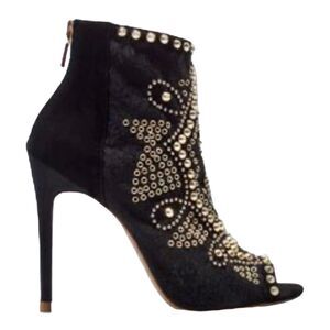 Zara Woman Black Leather Studded Spikes Peep Toe Ankle Boots EU 37